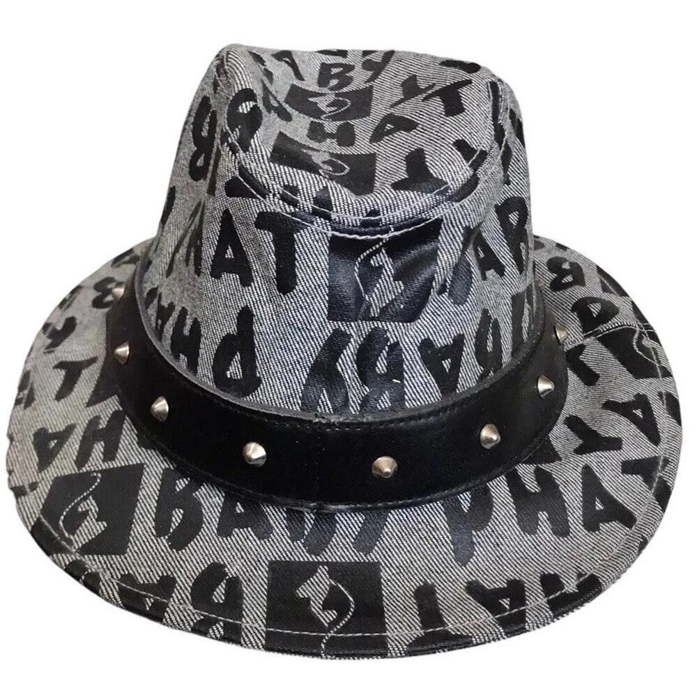 Vtg Baby Phat Fedora Hat Y2K Logo Spellout Monogram Studded Gray Black Denim